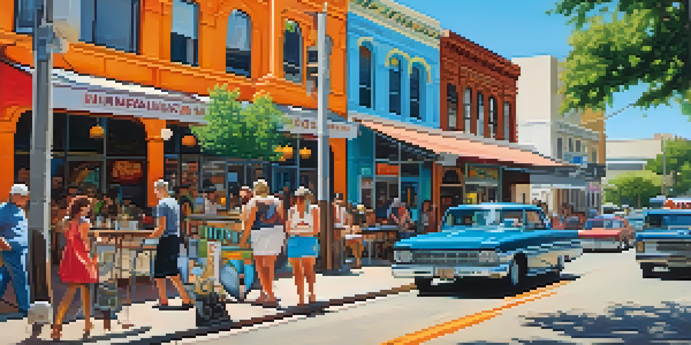 A lively street view in South Congress, Austin, featuring colorful shops, food trucks, and murals with the Texas State Capitol in the background.