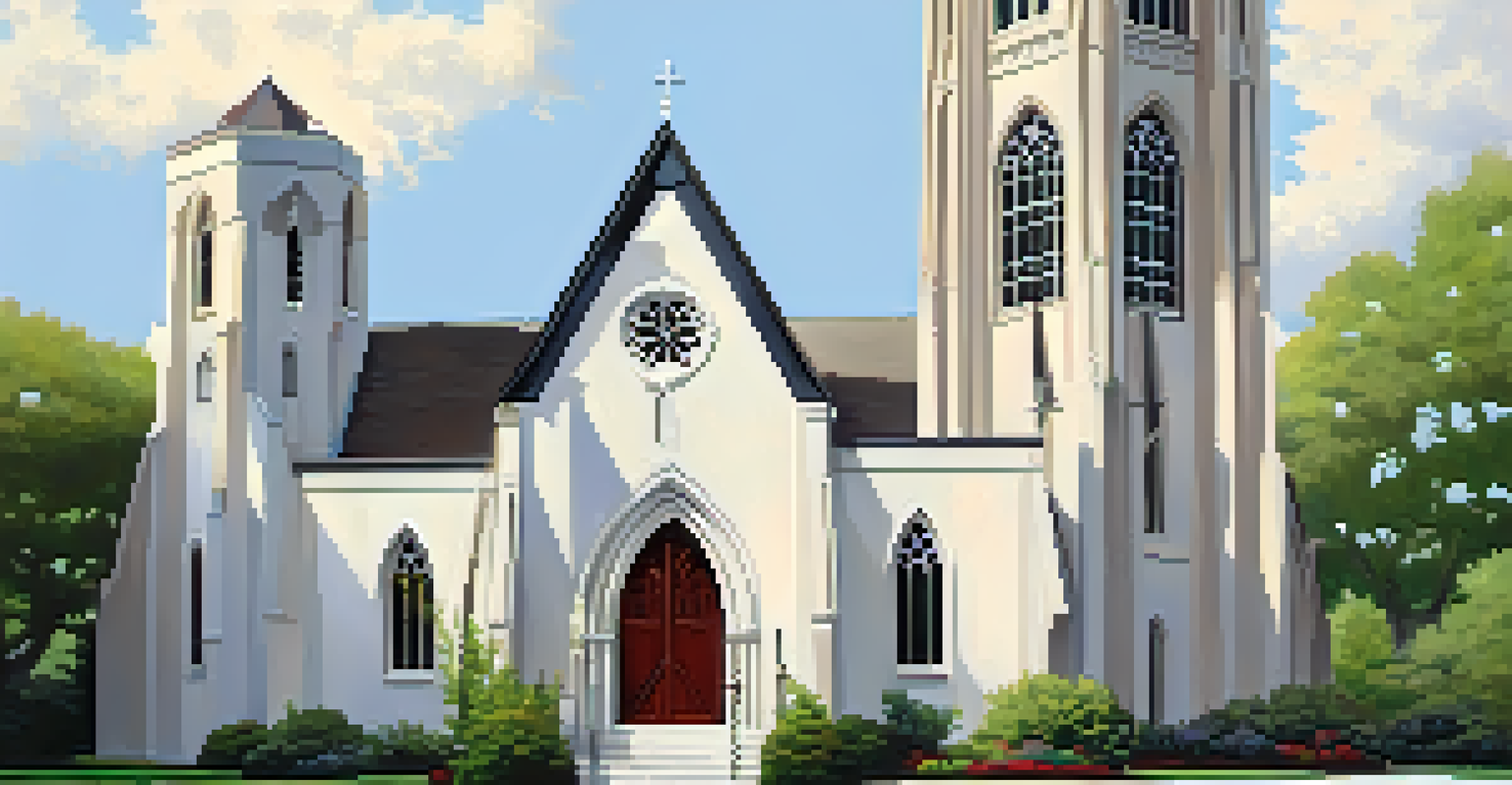 The exterior of All Saints' Episcopal Church with modern Gothic Revival architecture, set amidst greenery and under a sunny sky.