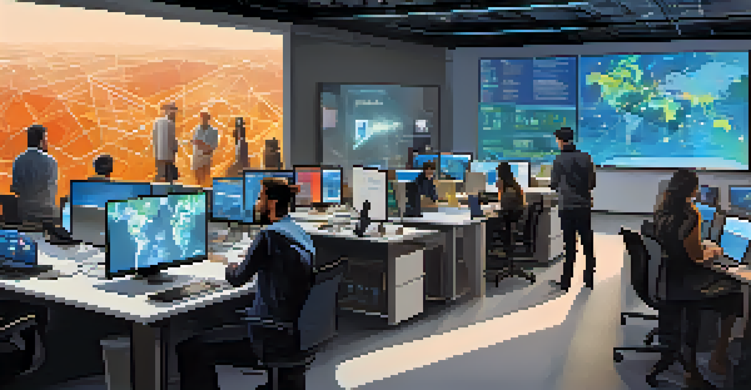 A modern workspace with diverse tech professionals collaborating on AI projects, surrounded by screens displaying data and graphs.