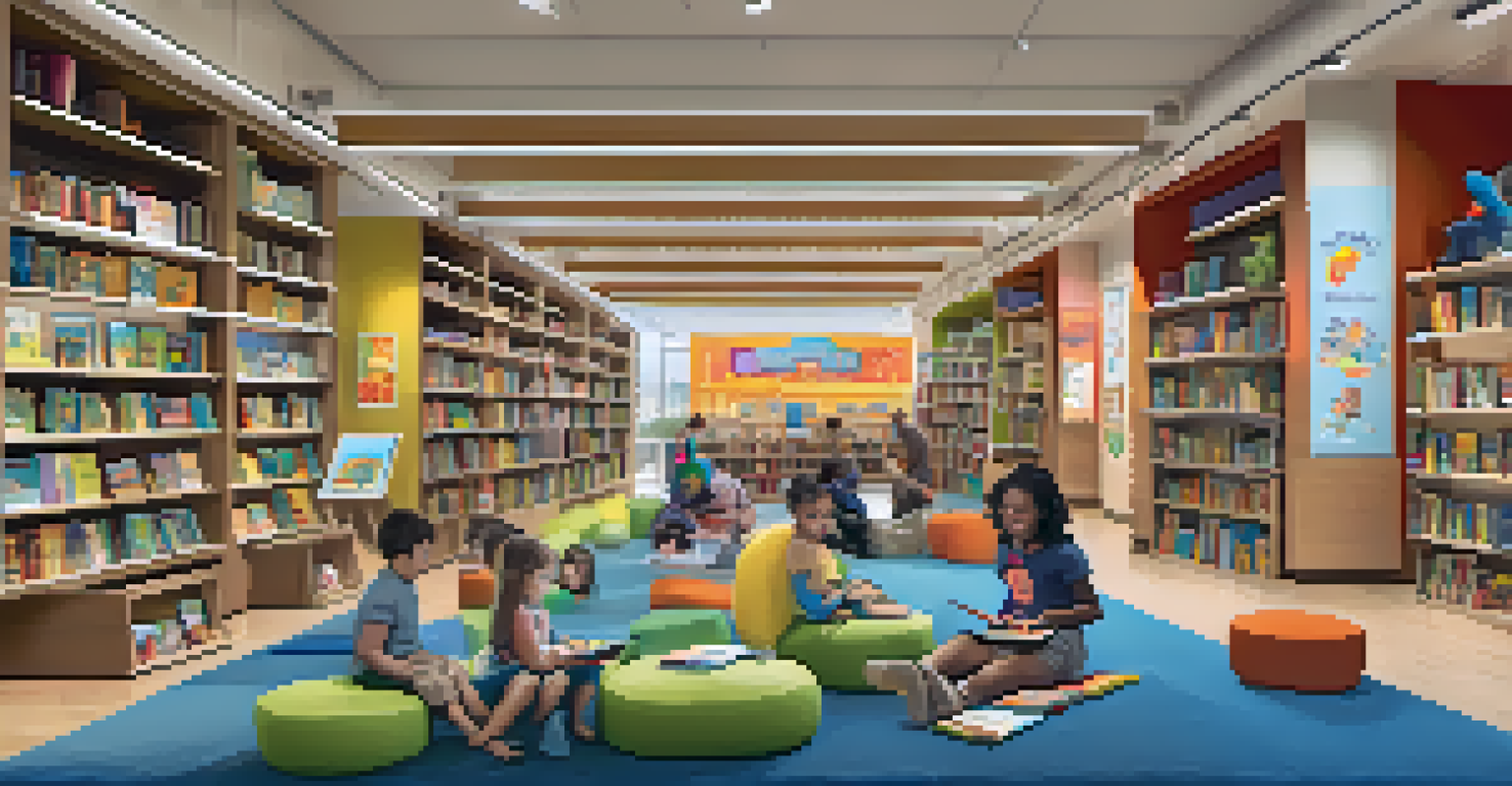A colorful children's section in a bookstore with kids reading on a carpet and bright murals on the walls.