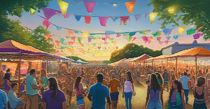 A lively festival with a crowd enjoying music, colorful banners, and eco-friendly vendors in a green setting during sunset.