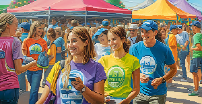 Close-up of festival volunteers in matching T-shirts assisting attendees, with colorful decorations and vendors in the background.