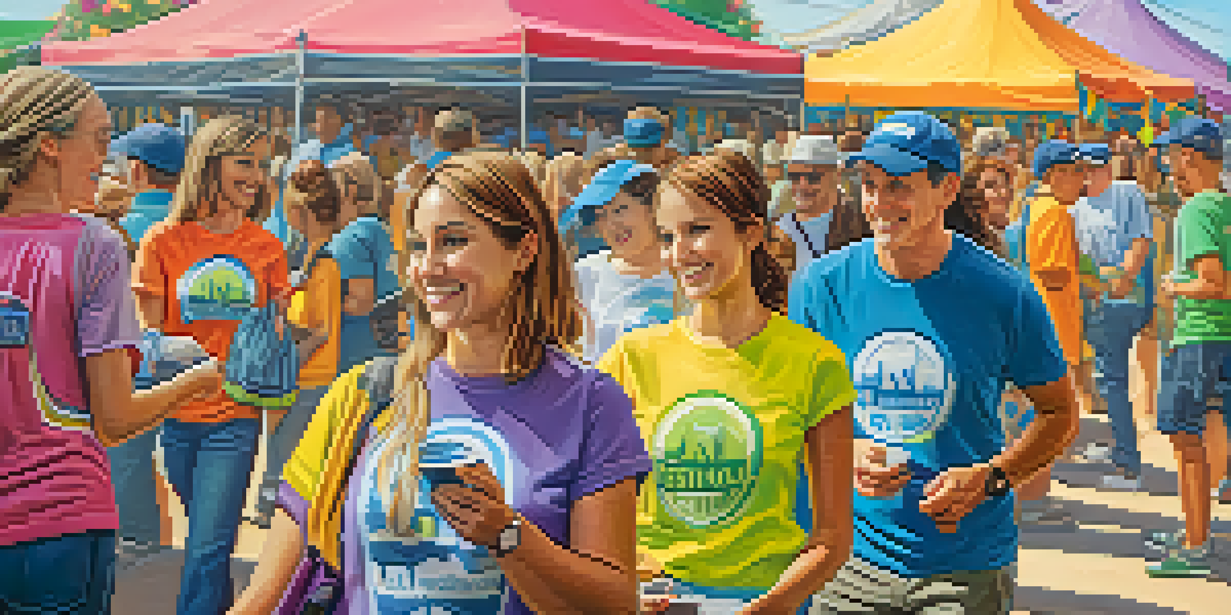 Close-up of festival volunteers in matching T-shirts assisting attendees, with colorful decorations and vendors in the background.