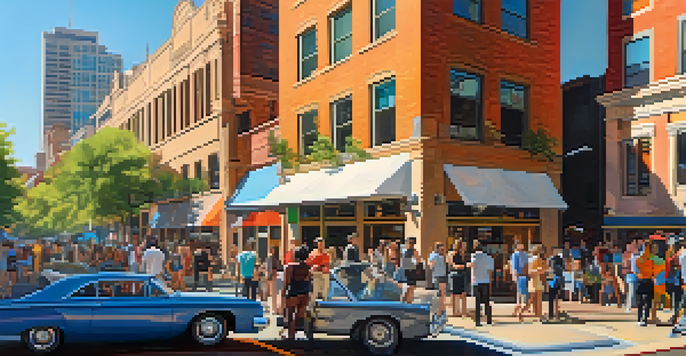 A busy street in Austin with diverse professionals talking, featuring colorful murals on buildings and bright sunlight.