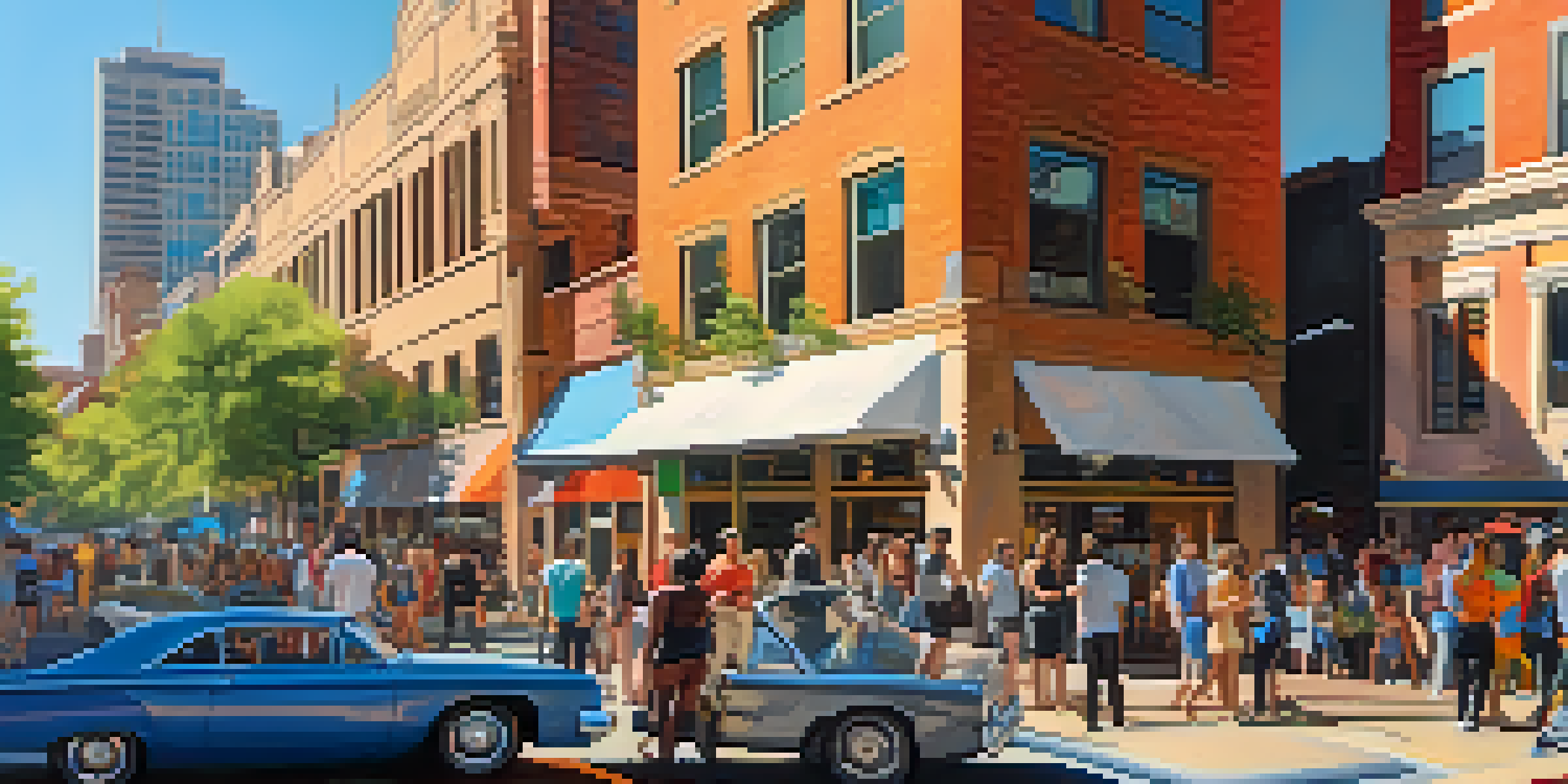 A busy street in Austin with diverse professionals talking, featuring colorful murals on buildings and bright sunlight.