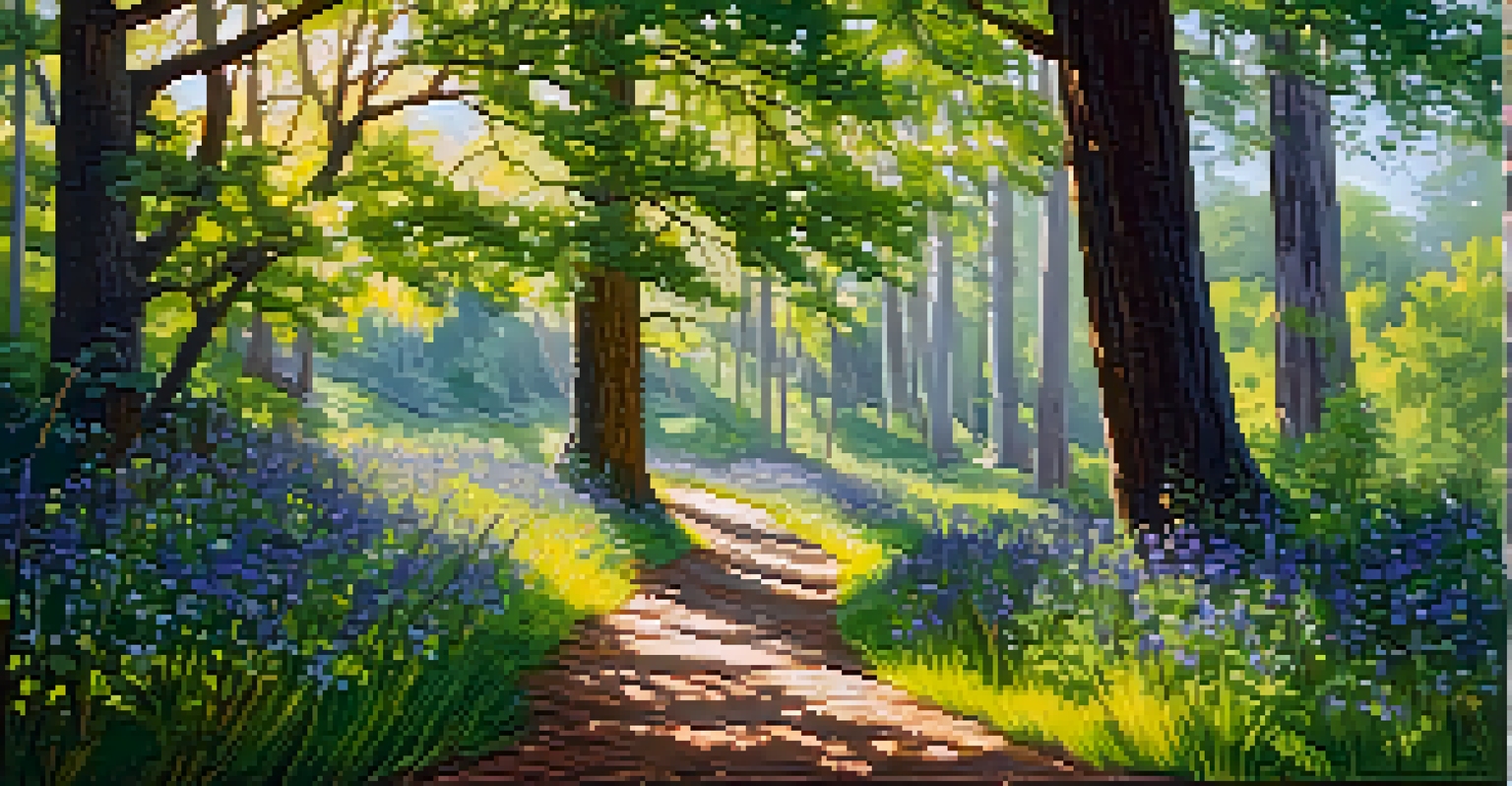 A person hiking along a forest trail in Austin, Texas, surrounded by trees and wildflowers.