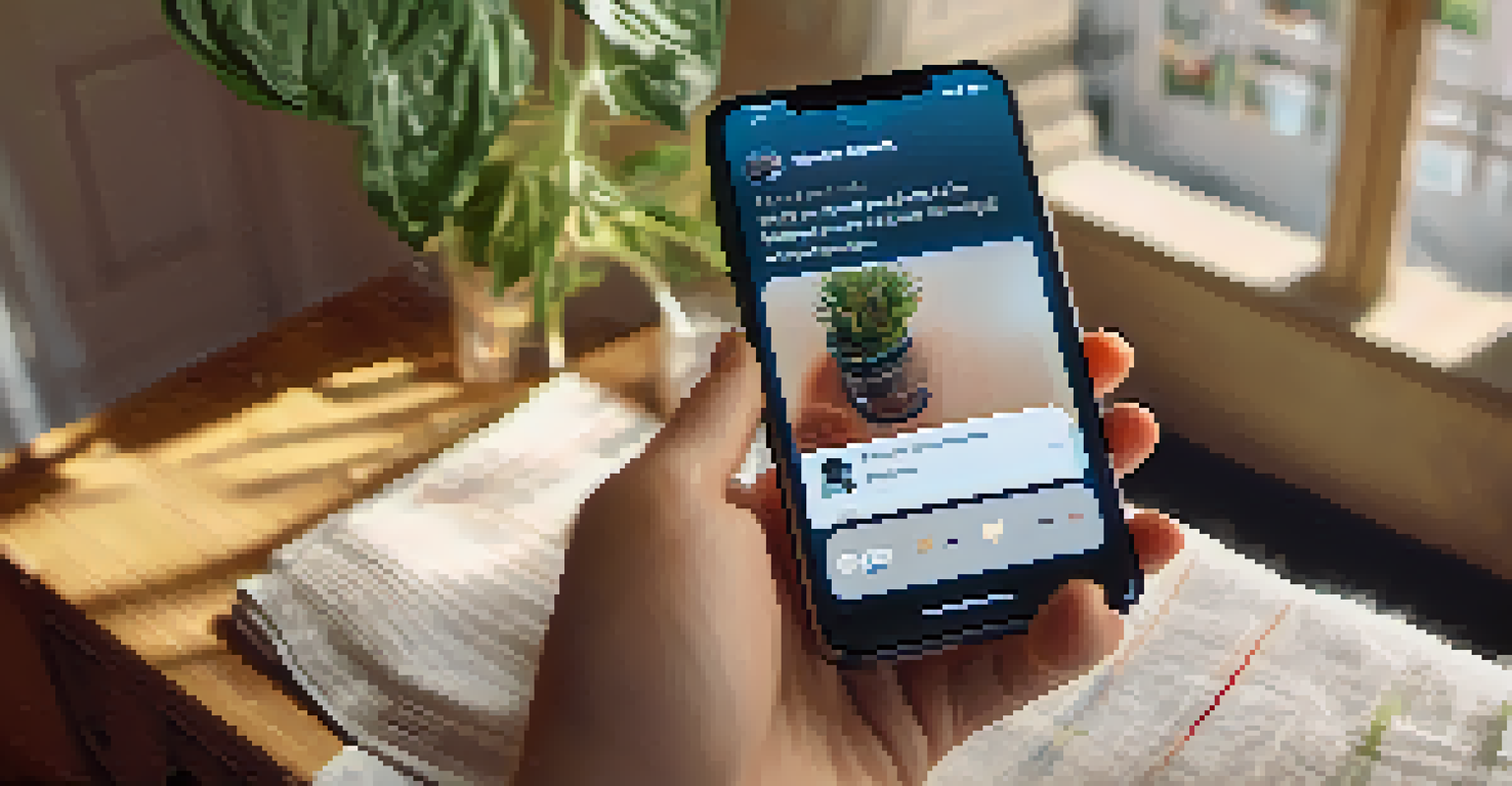 A close-up of a hand holding a smartphone with a social media campaign on substance abuse prevention displayed on the screen, set in a cozy living room.