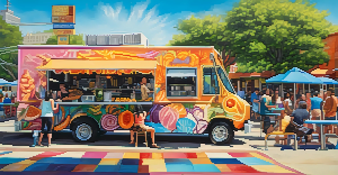A lively food truck scene in Austin with people enjoying vegan dishes at picnic tables under warm sunlight.