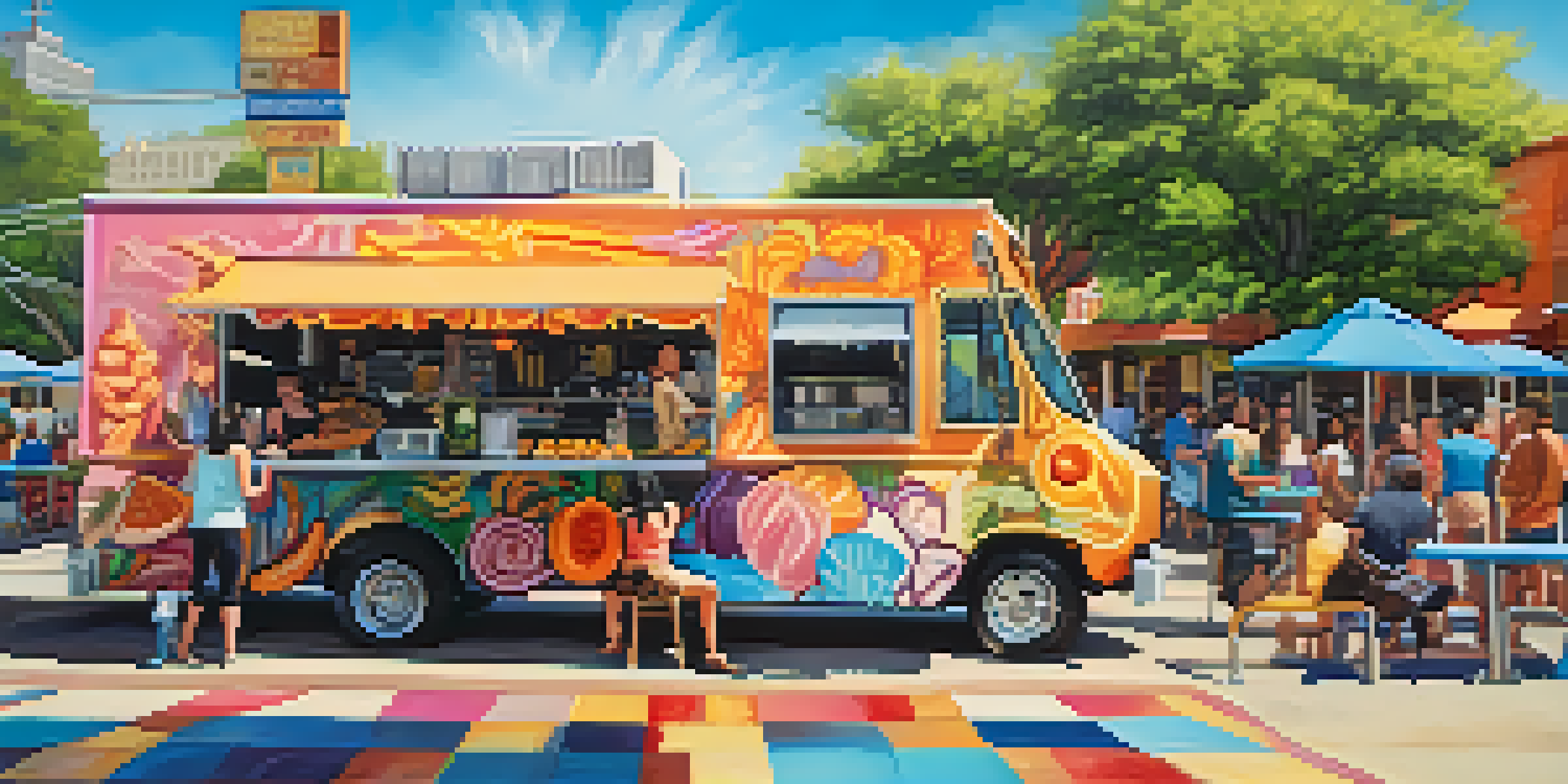 A lively food truck scene in Austin with people enjoying vegan dishes at picnic tables under warm sunlight.