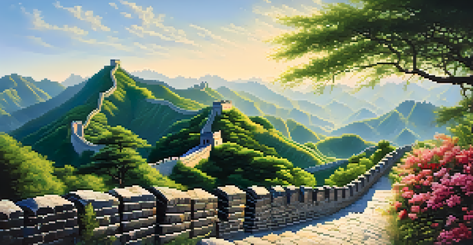 A scenic view of the Great Wall of China amidst green mountains and blue sky, with wildflowers in the foreground.