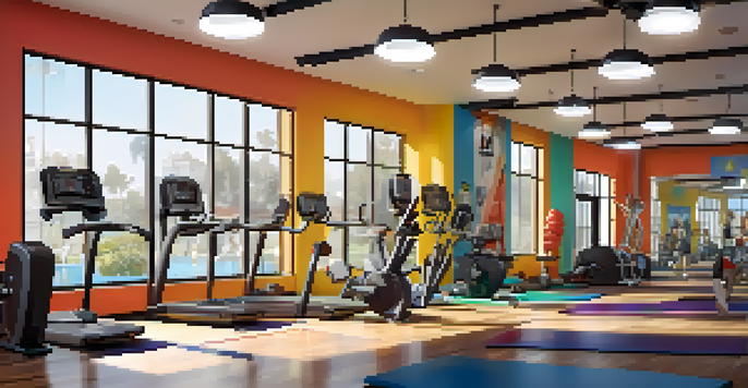 A vibrant modern gym interior with various workout equipment and fitness enthusiasts working out.