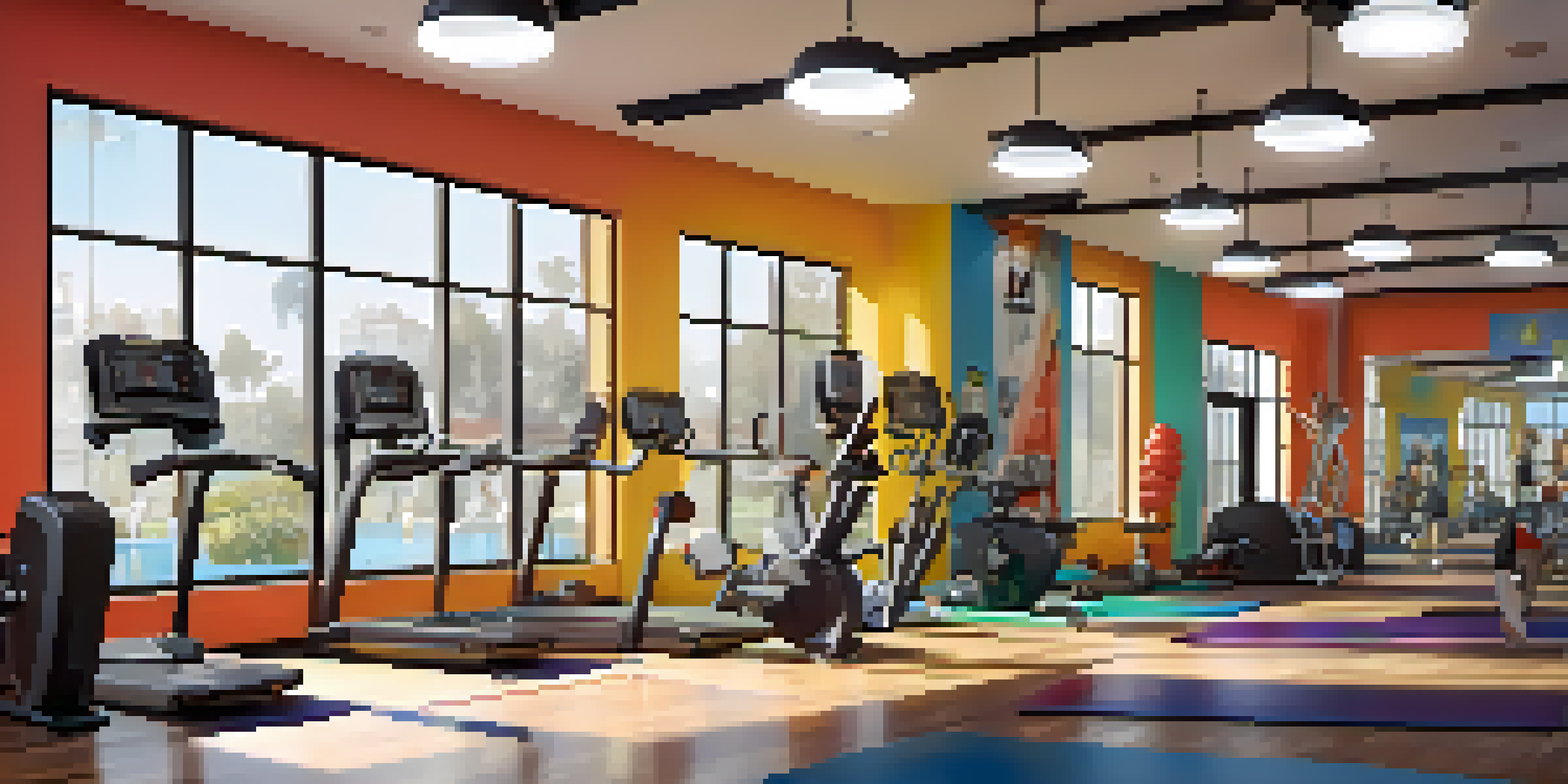 A vibrant modern gym interior with various workout equipment and fitness enthusiasts working out.