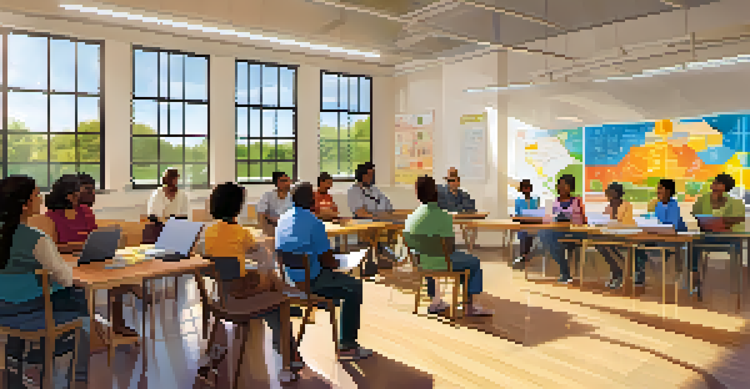 A community workshop with residents learning about solar energy, featuring a presenter and educational materials in a bright room.