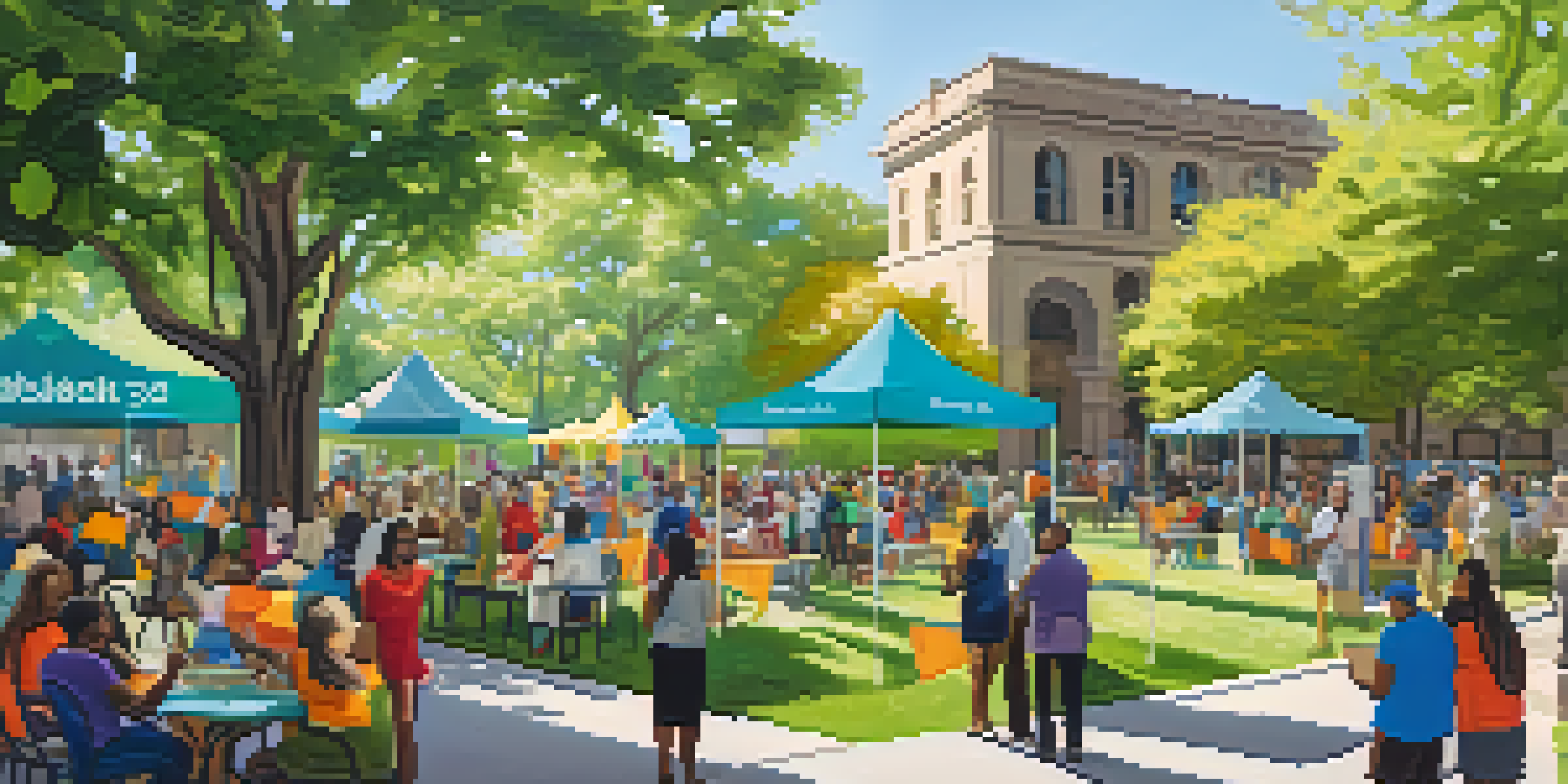 A lively outdoor community forum in Austin, with diverse residents discussing urban development, colorful banners, green trees, and sunlight filtering through leaves.