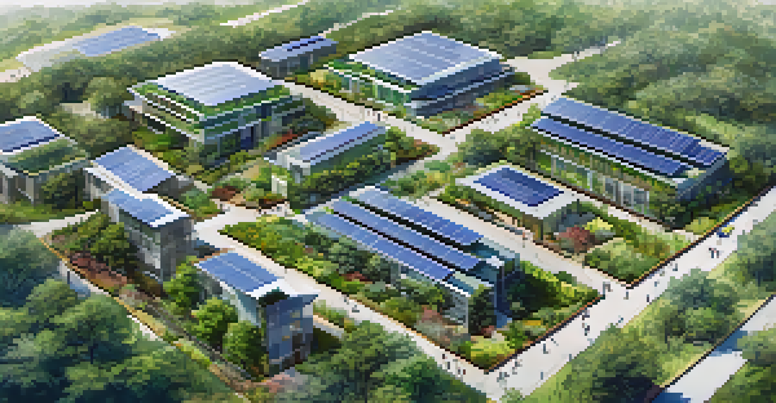 An aerial view of a sustainable urban development in Austin with green roofs, solar panels, and gardens, showcasing the integration of nature and architecture.
