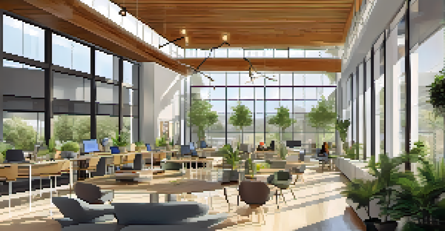 Interior of a sustainable tech office with natural light, plants, and eco-friendly furniture.