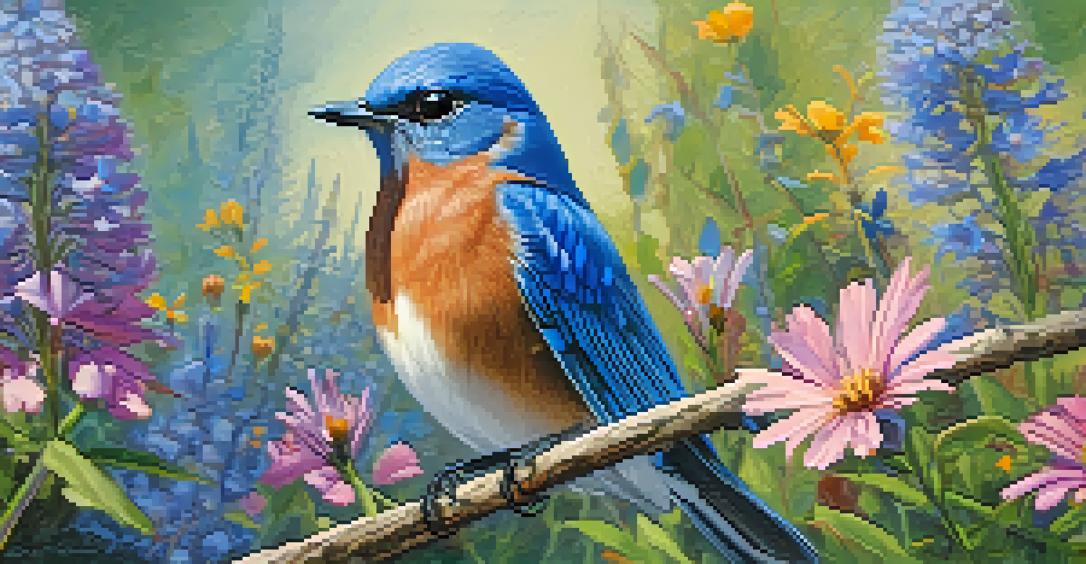 A Texas bluebird on a wildflower in a native garden, with bees and butterflies around.