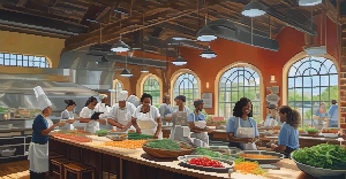 A lively cooking class in Austin with diverse participants preparing fresh ingredients, illuminated by sunlight streaming through windows.