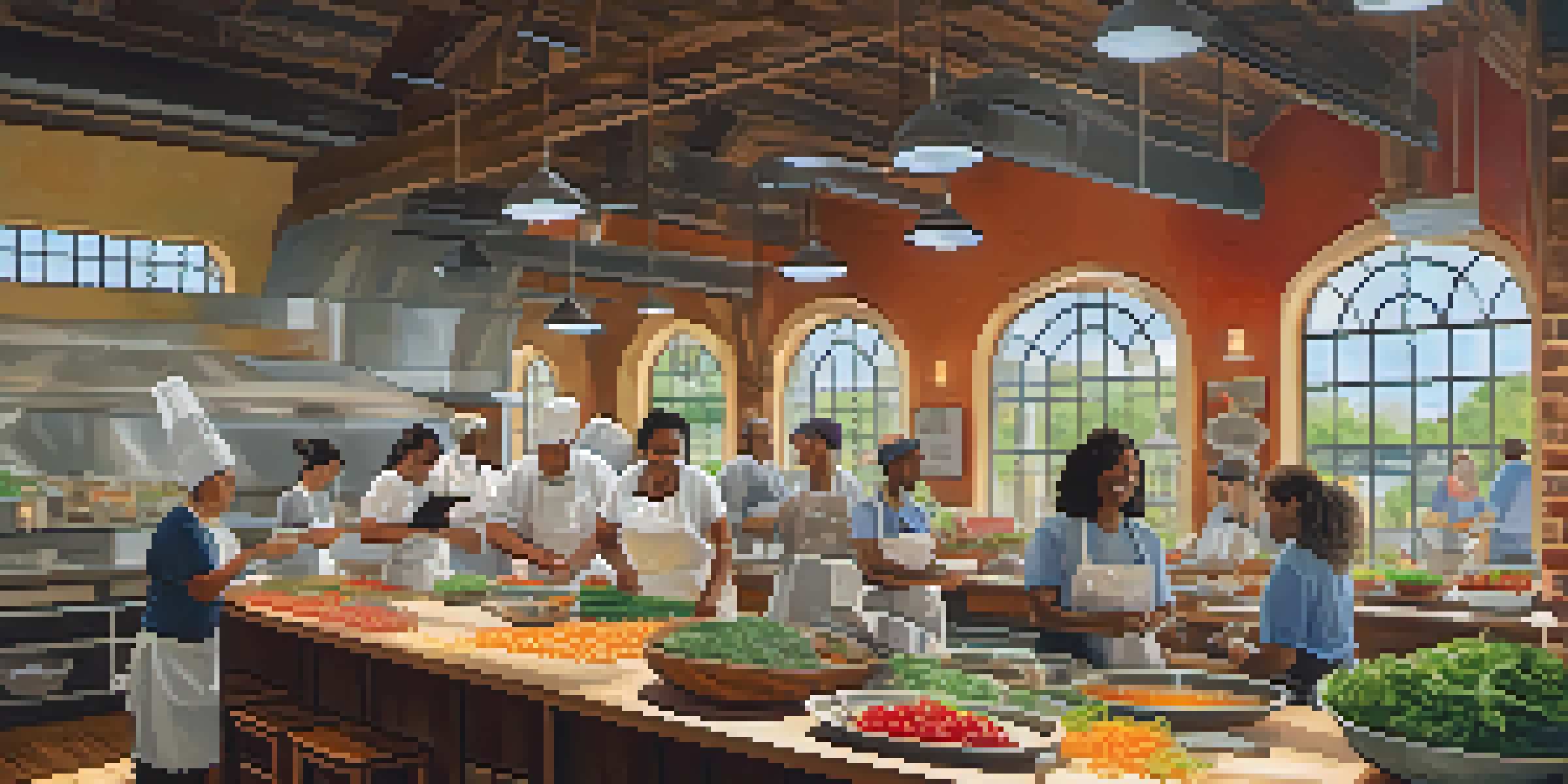 A lively cooking class in Austin with diverse participants preparing fresh ingredients, illuminated by sunlight streaming through windows.