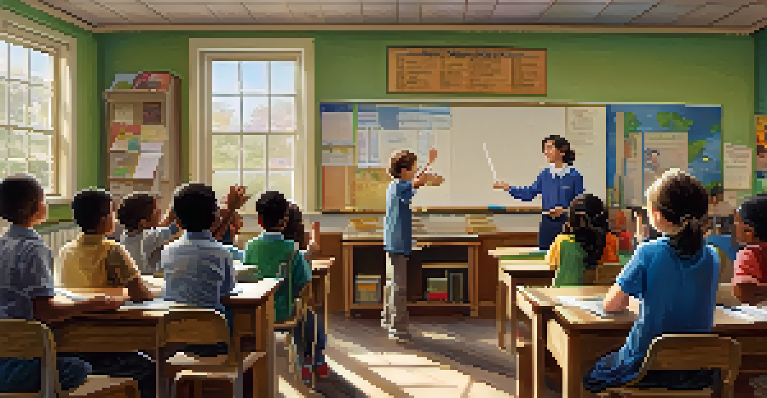 A classroom scene with young students participating in a civic education program, a teacher leading a discussion, and posters about civic rights, with natural light from windows.