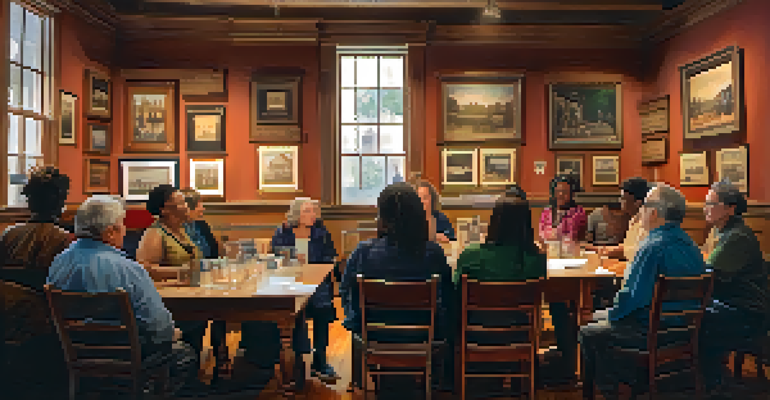 A storytelling session at a local history museum with a diverse audience listening to a historian.