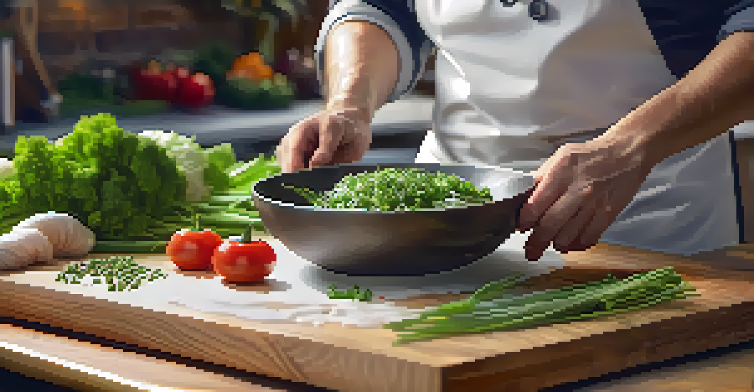 A close-up of a chef's hands preparing a colorful plant-based dish with fresh vegetables on a cutting board in a bright kitchen.