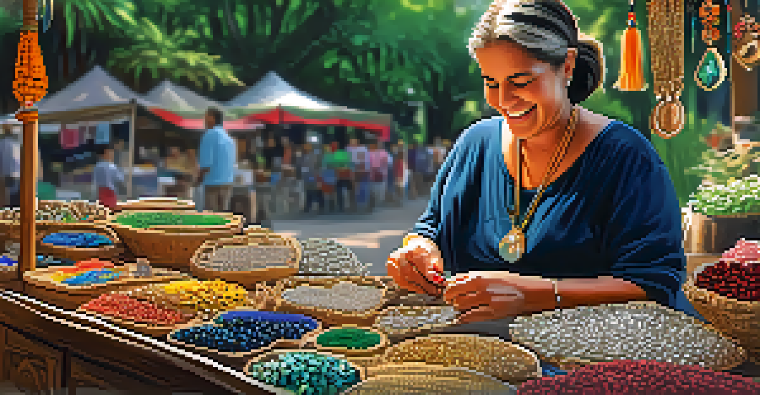 A woman artisan showing her handmade jewelry to a customer at a market stall.