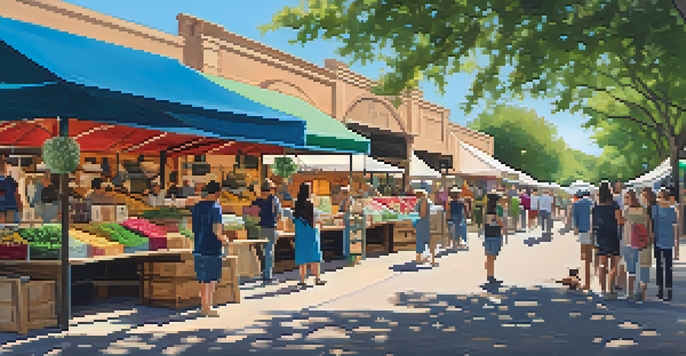 A lively artisan market in Austin filled with colorful stalls, shoppers, and greenery under warm sunlight.