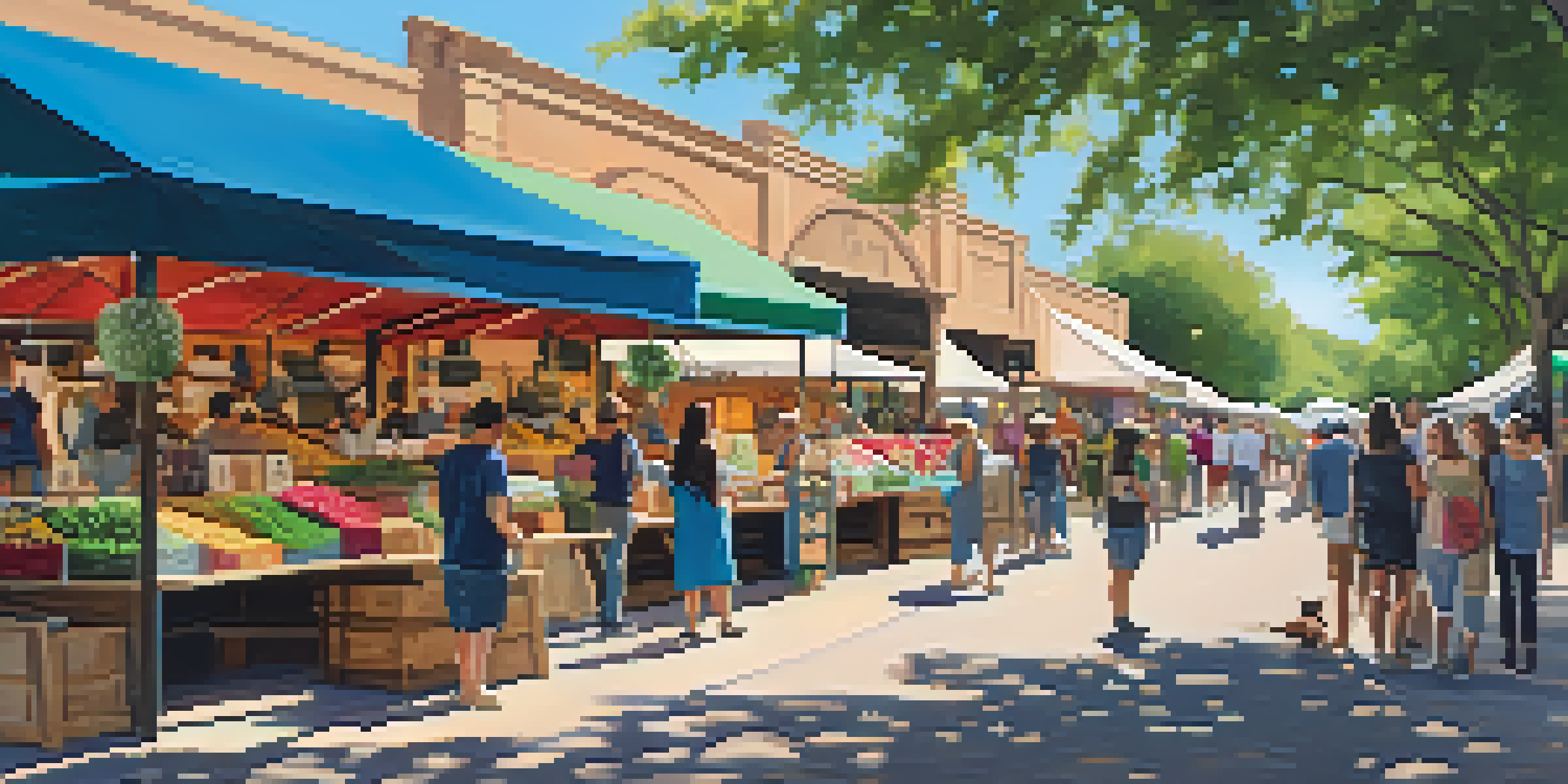 A lively artisan market in Austin filled with colorful stalls, shoppers, and greenery under warm sunlight.