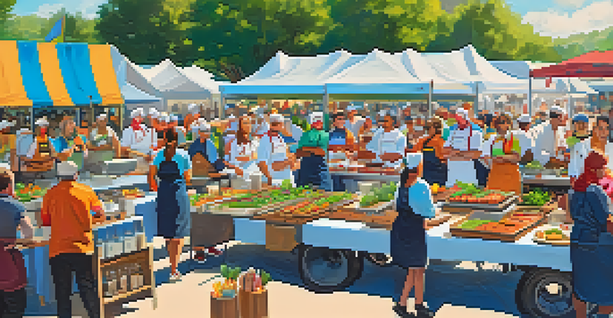 A lively outdoor culinary competition in Austin with chefs cooking, colorful ingredients, and a crowd sampling food.