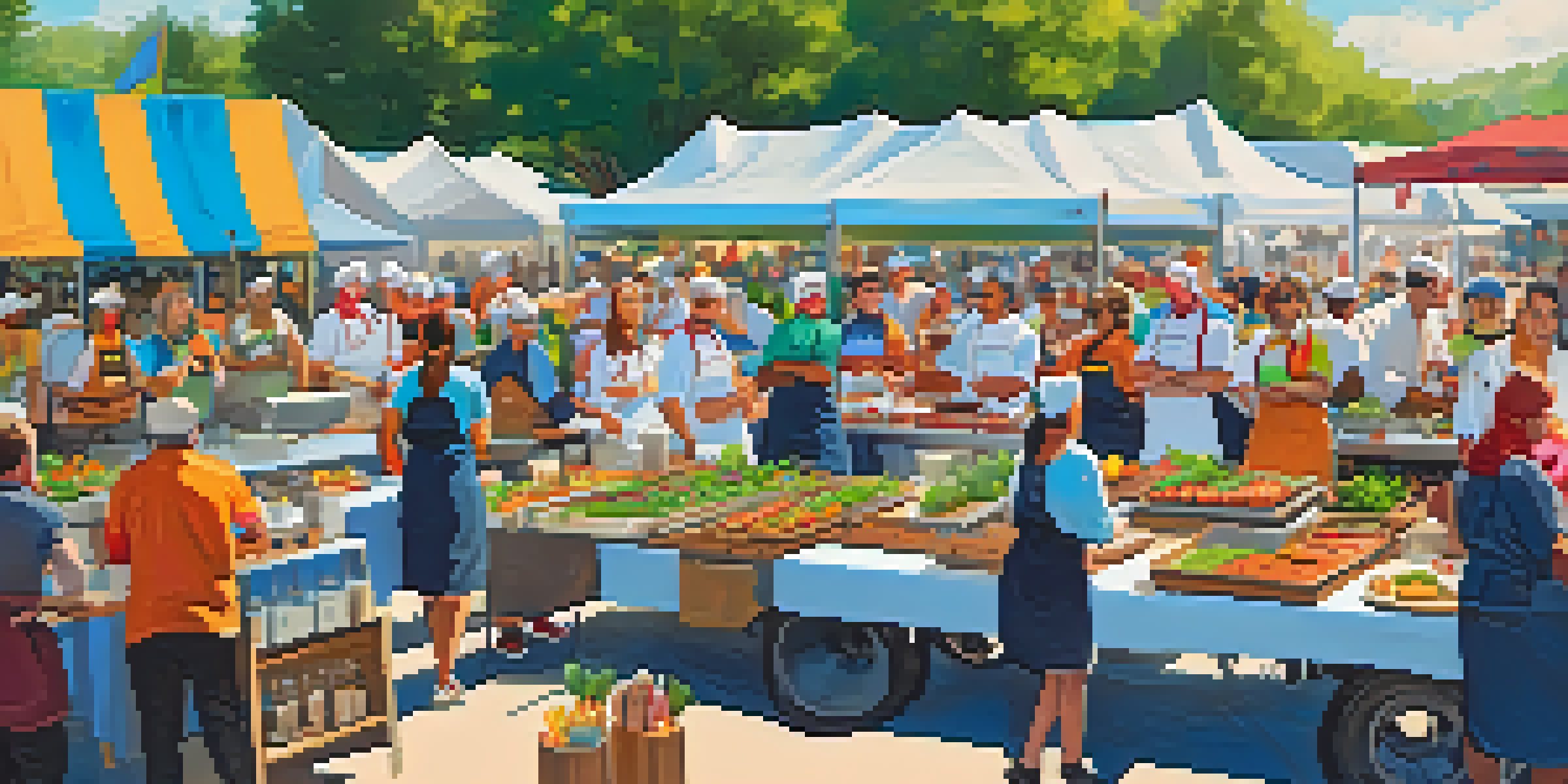 A lively outdoor culinary competition in Austin with chefs cooking, colorful ingredients, and a crowd sampling food.