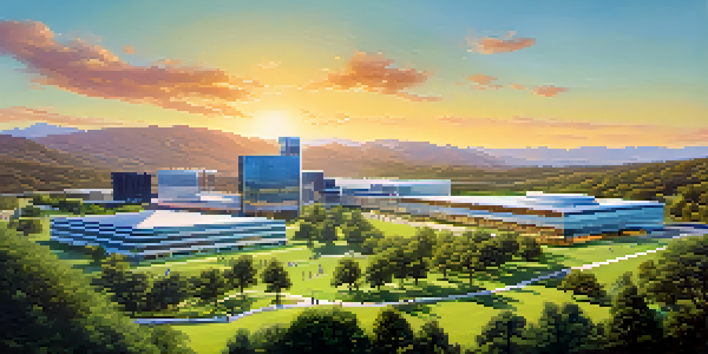 A wide view of Silicon Hills with modern buildings surrounded by greenery and people collaborating outdoors.