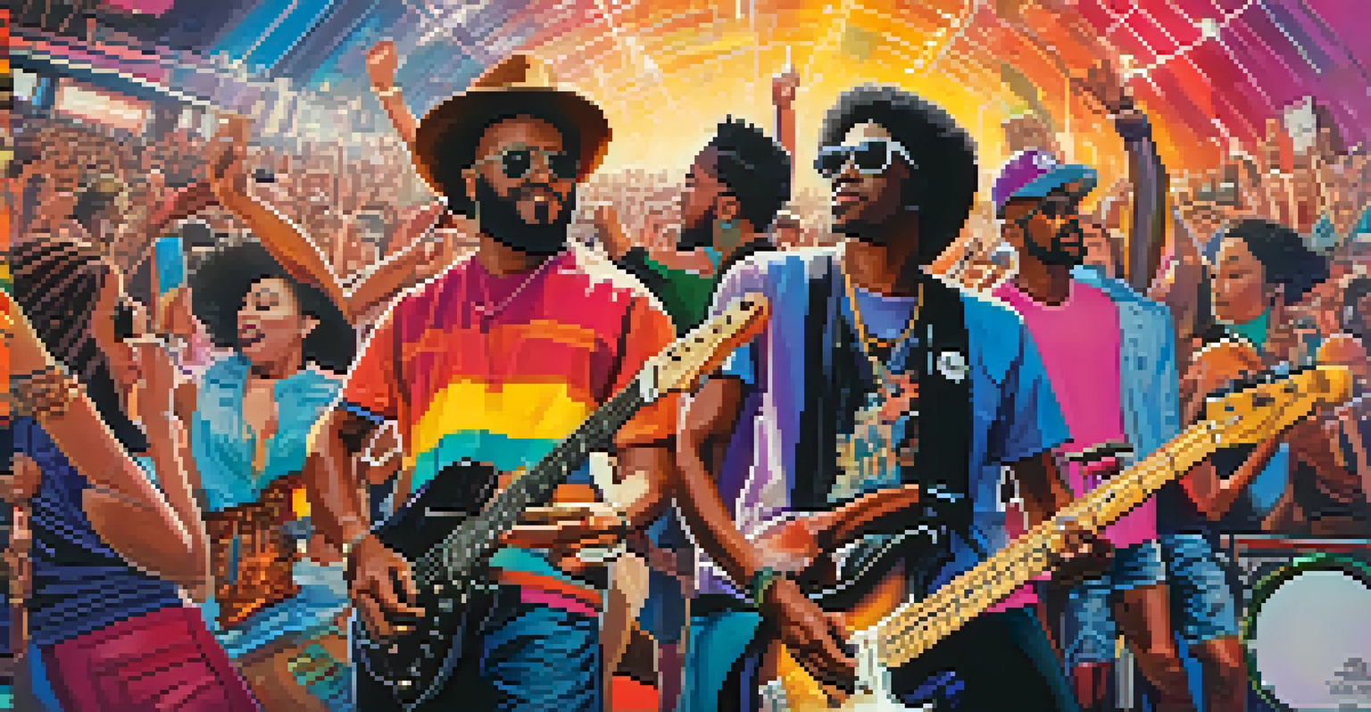 A colorful collage of diverse artists performing at SXSW, showcasing different music genres and energetic festival atmosphere.