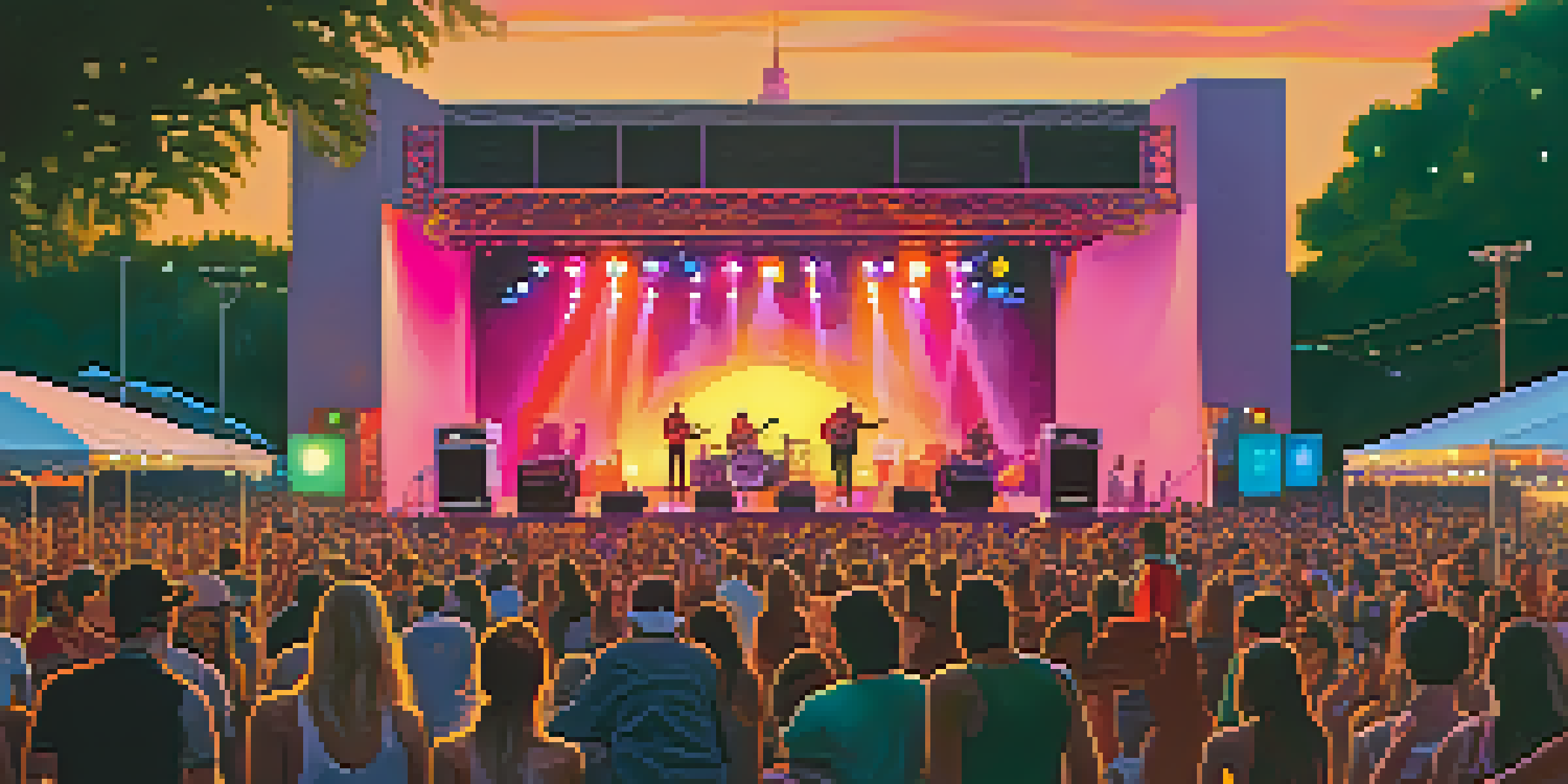 A lively outdoor music festival in Austin, Texas, featuring a diverse audience and female musicians on stage against a sunset backdrop.