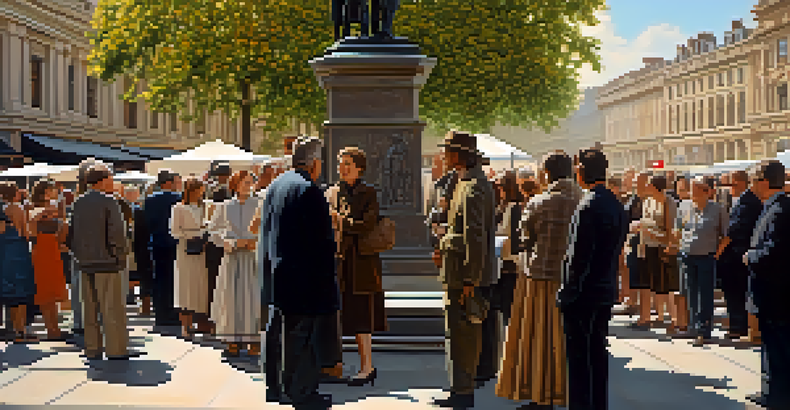A bronze sculpture of a historical figure in a busy city square, with people admiring it.