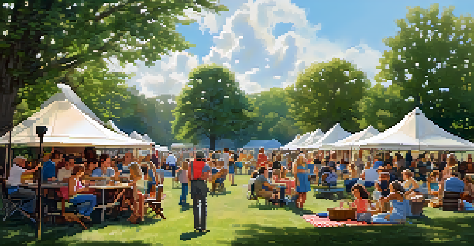 Families enjoying live music at an outdoor festival with children participating in activities and food vendors in a sunny park setting.