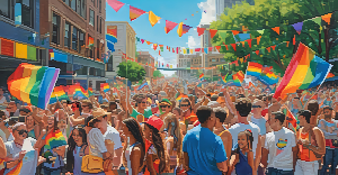A lively LGBTQ+ Pride Parade in Austin, with a diverse crowd celebrating and waving rainbow flags in front of iconic city architecture.
