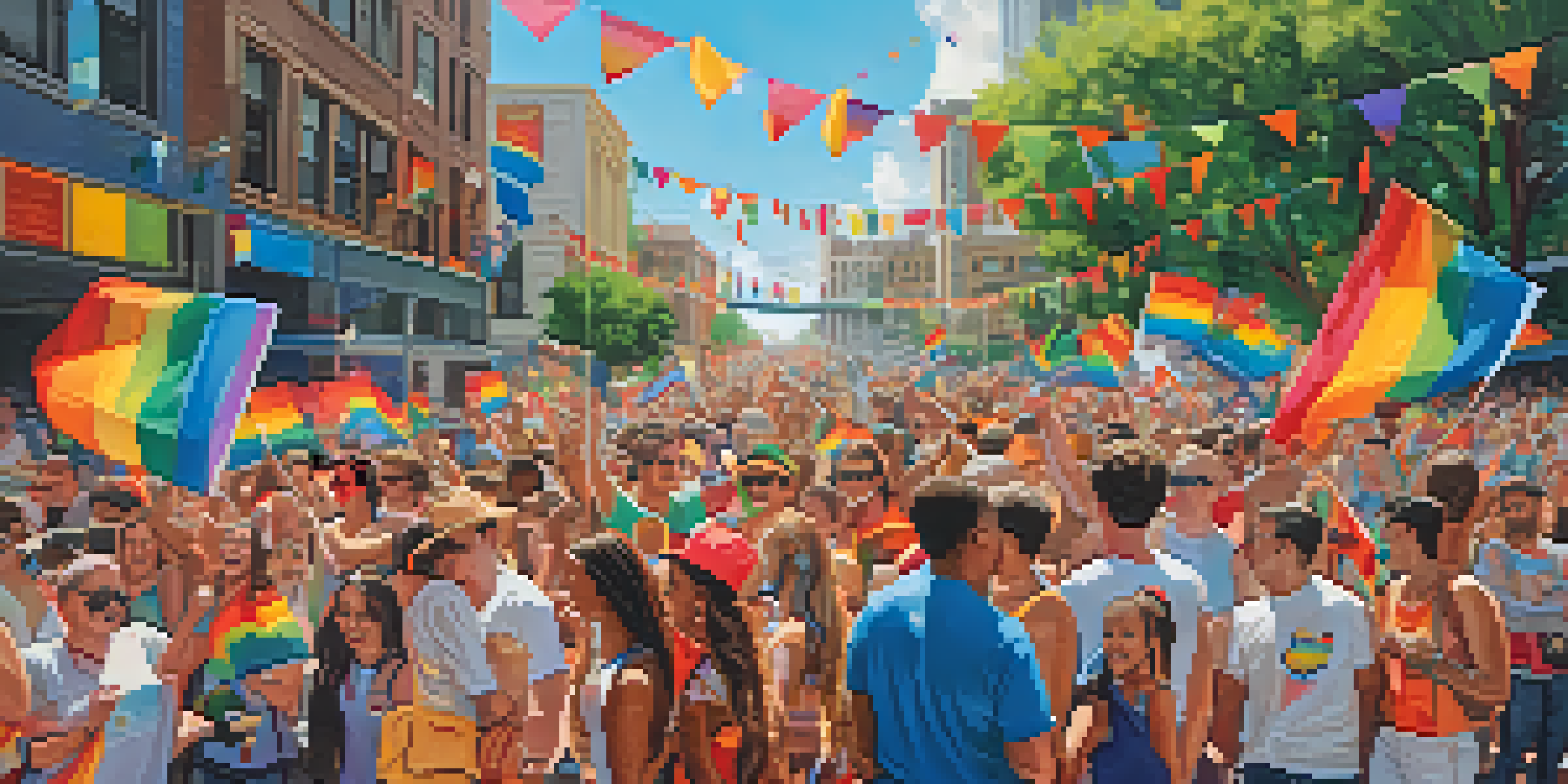 A lively LGBTQ+ Pride Parade in Austin, with a diverse crowd celebrating and waving rainbow flags in front of iconic city architecture.