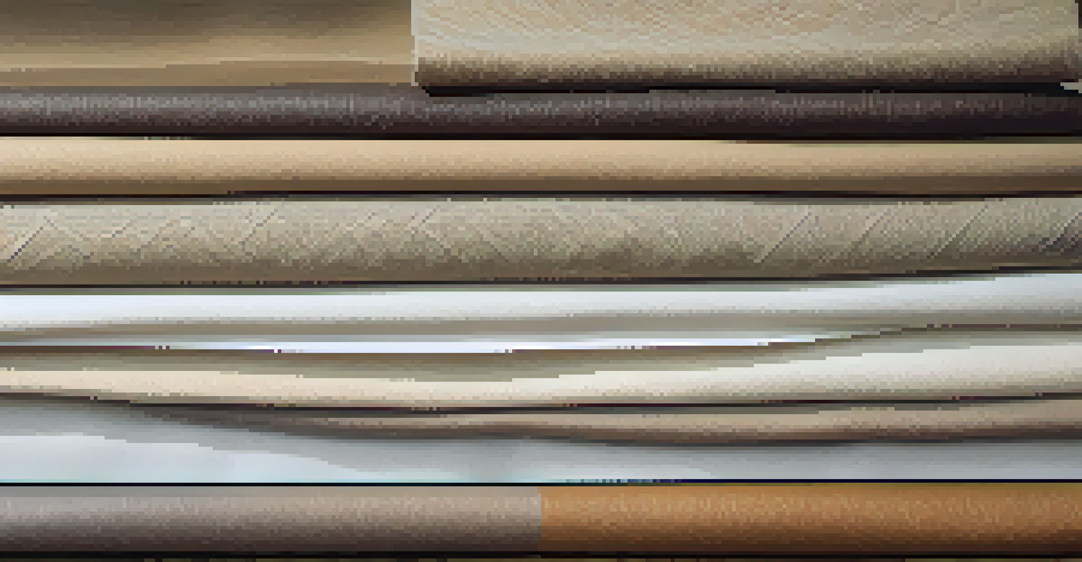 A close-up of various sustainable fashion materials like mushroom leather and recycled plastics on a wooden table, illuminated by natural light.