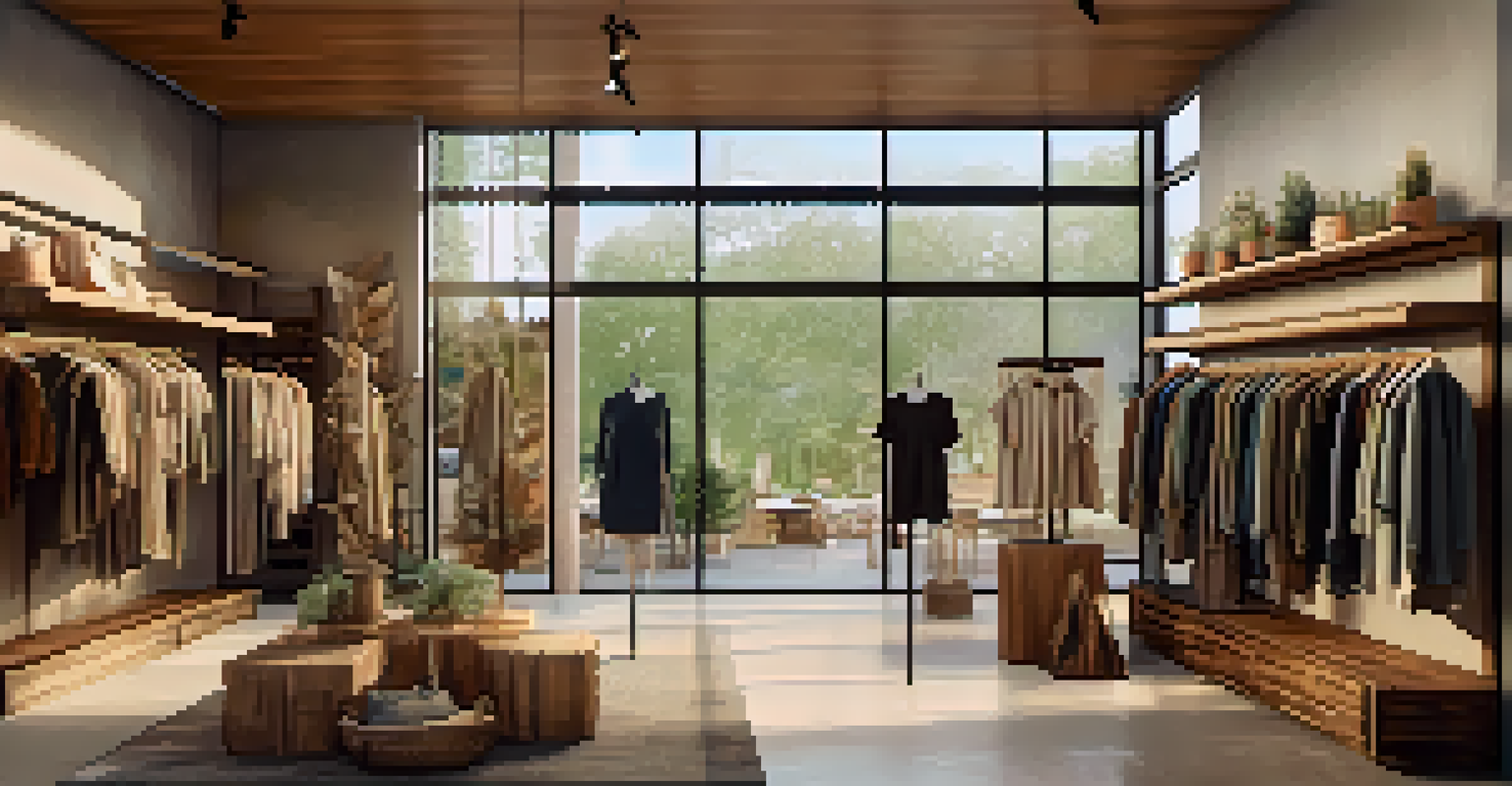 A boutique in Austin displaying sustainable fashion items on wooden shelves, with natural light coming through the windows.