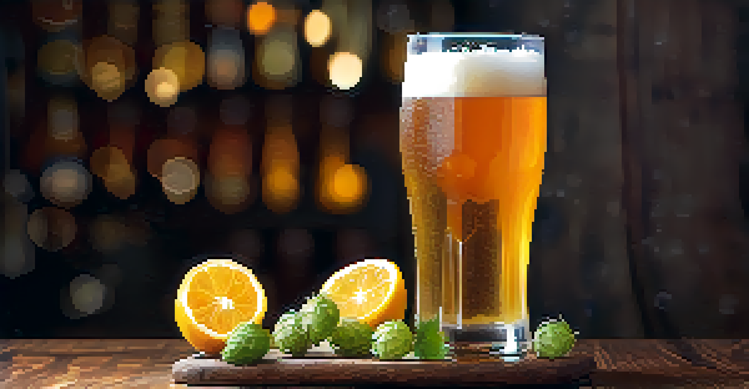 A close-up of a glass of amber craft beer with citrus slices and hops, showcasing the bubbles and textures.