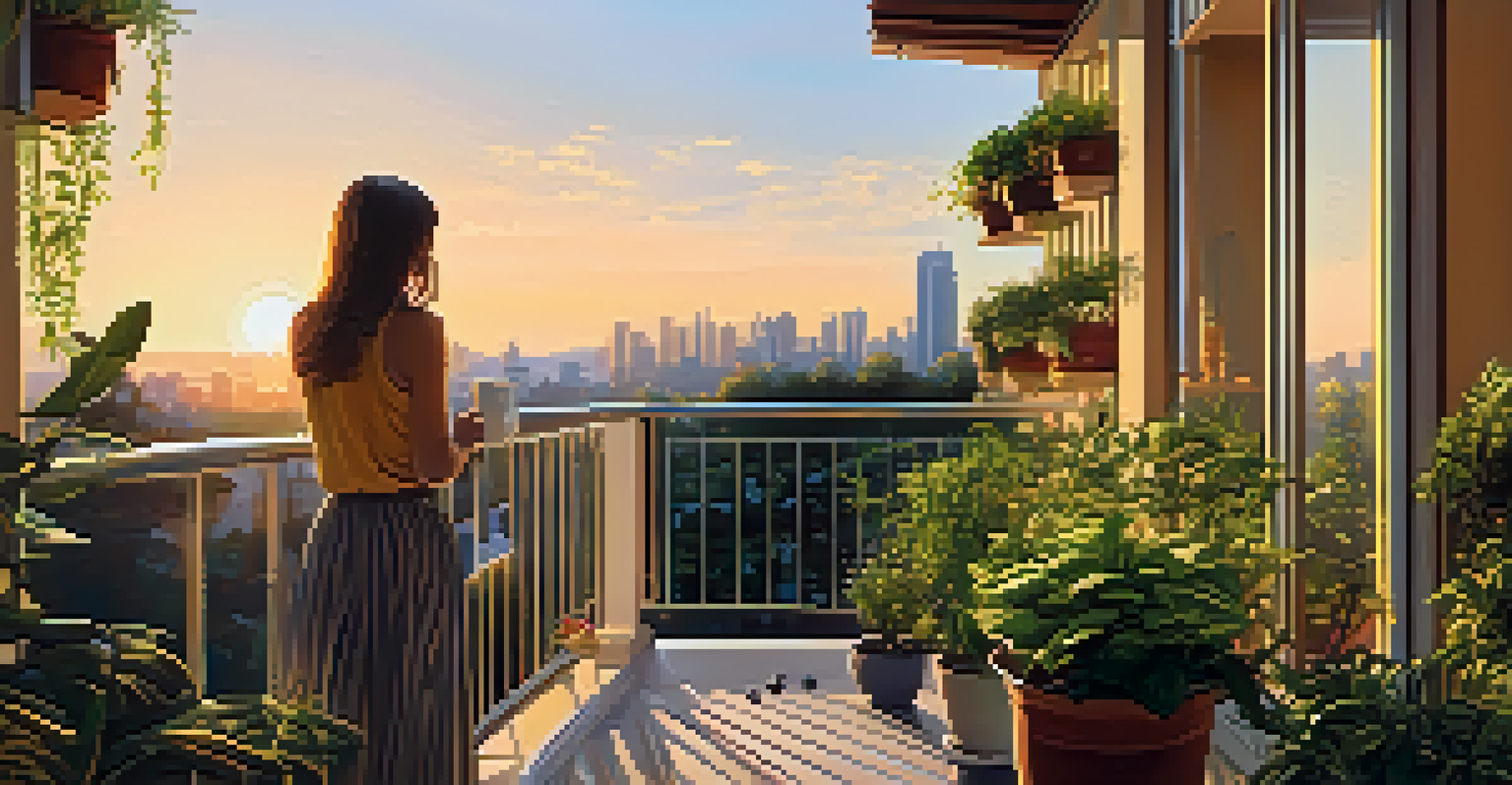 A peaceful balcony garden filled with potted plants, with a person sipping coffee against a backdrop of a city skyline during sunset.