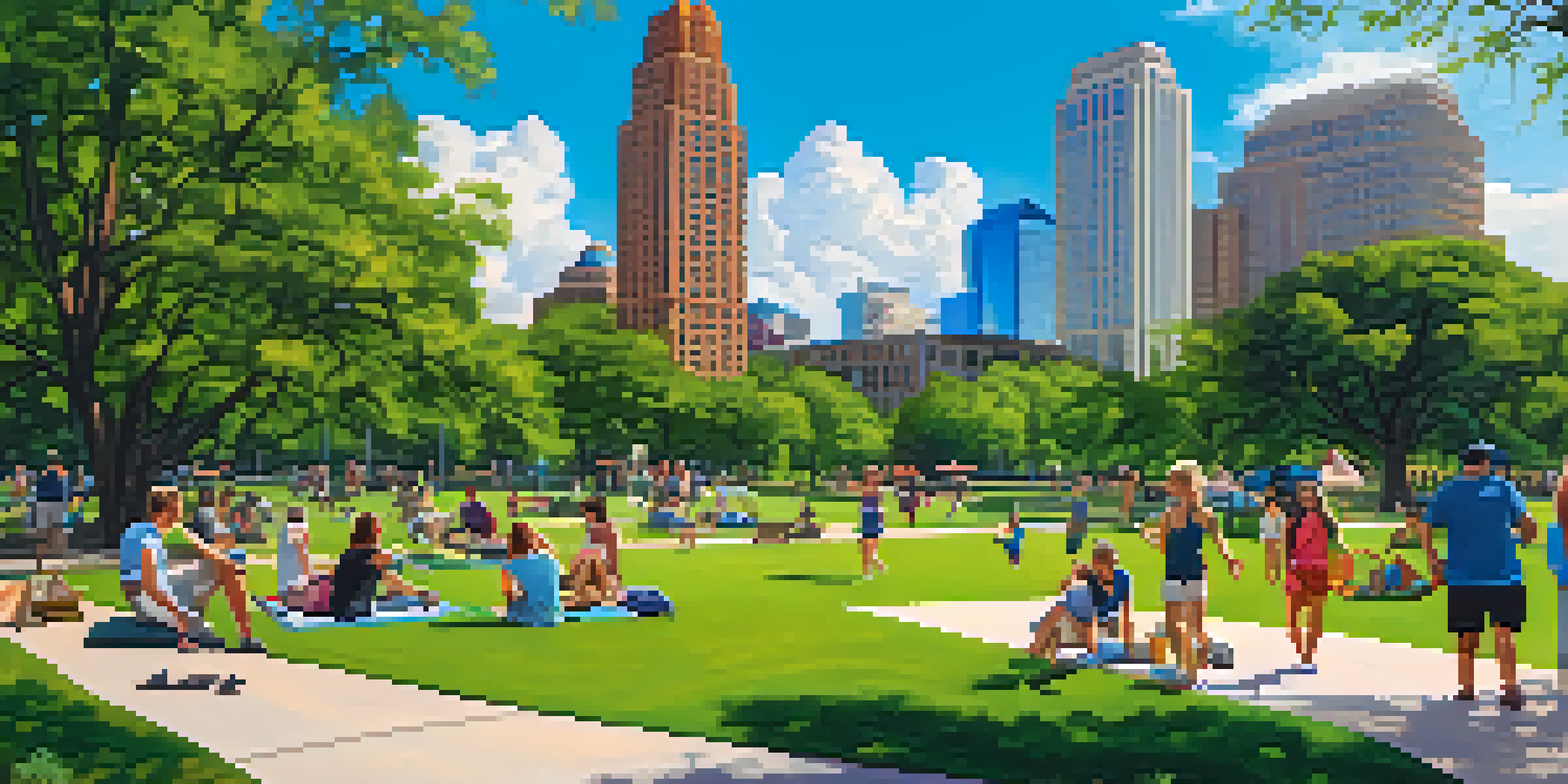 A lively urban park in Austin filled with people enjoying various outdoor activities, surrounded by greenery and the city skyline.