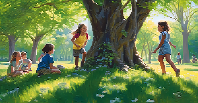 Children climbing a tree in a green park surrounded by wildflowers, enjoying outdoor education.