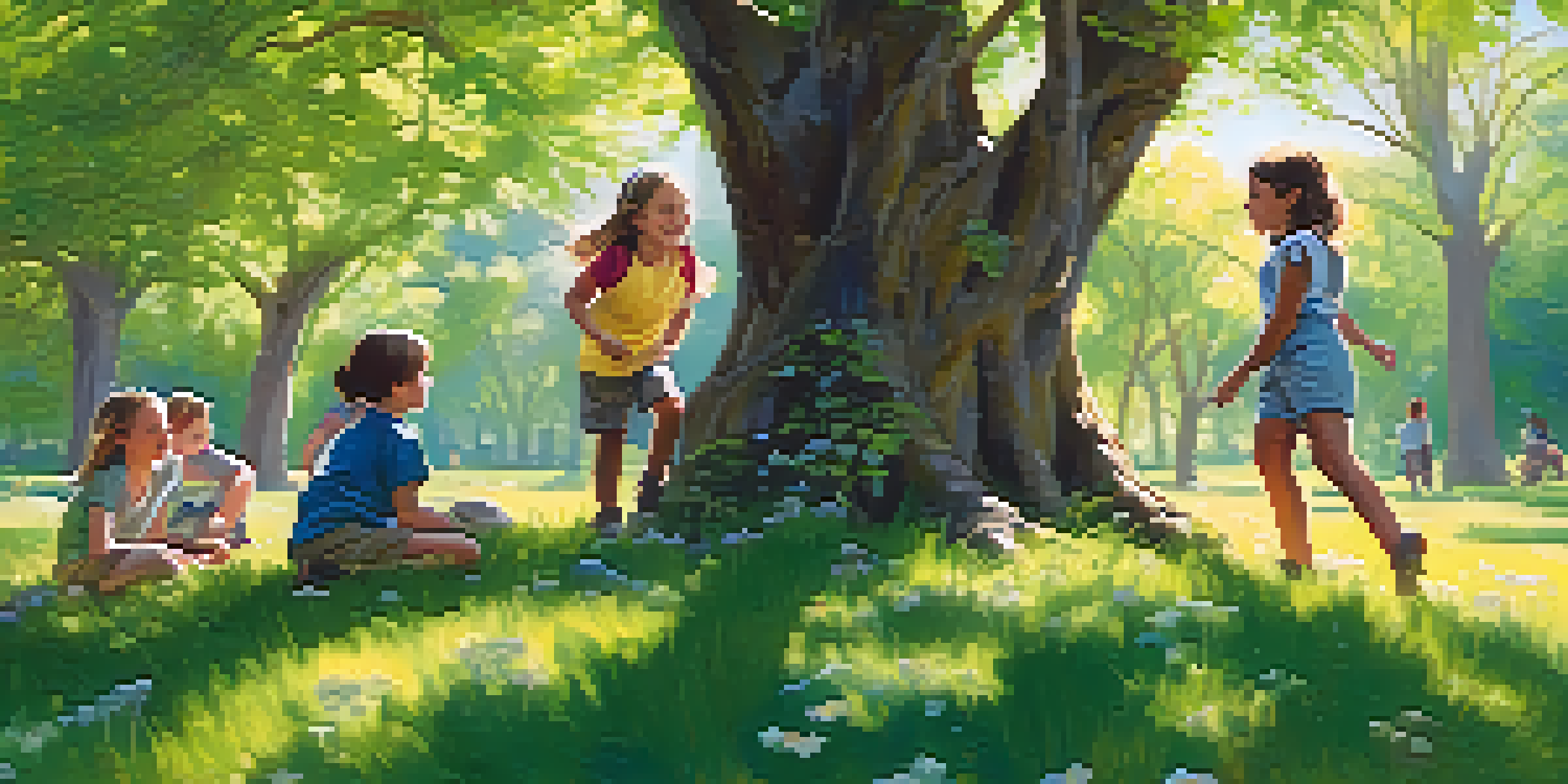 Children climbing a tree in a green park surrounded by wildflowers, enjoying outdoor education.