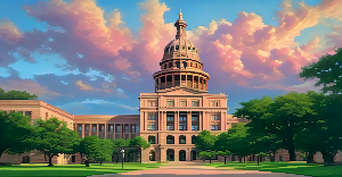 A beautiful sunset view of the Texas State Capitol, with its pink granite façade illuminated and surrounded by greenery.