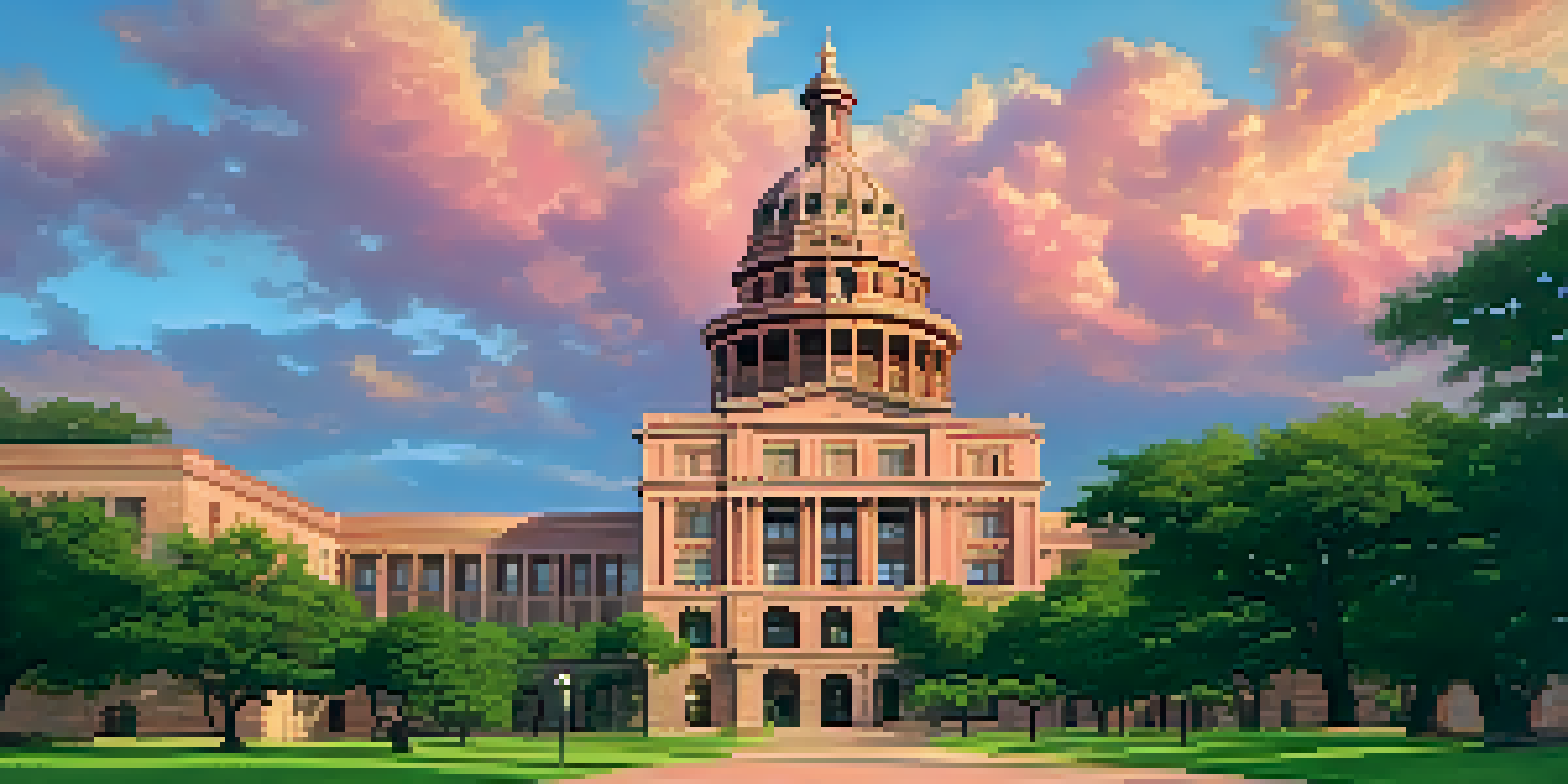 A beautiful sunset view of the Texas State Capitol, with its pink granite façade illuminated and surrounded by greenery.