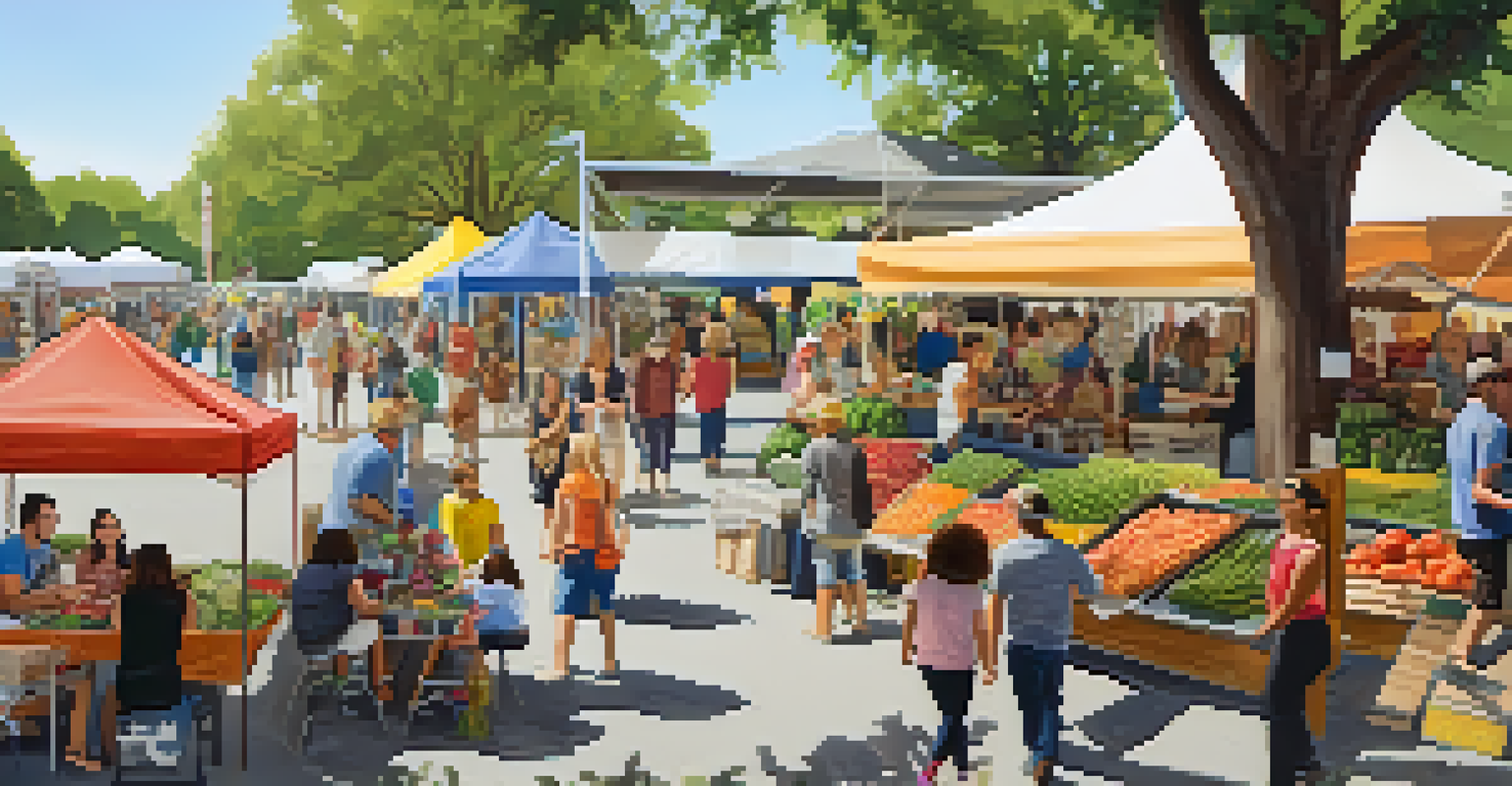 A lively farmers' market in an Austin park with stalls of fresh produce, families interacting, children playing, and live music performers entertaining the crowd.