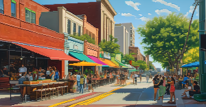 A busy street in Downtown Austin with people, street performers, and food trucks, surrounded by colorful murals and greenery.