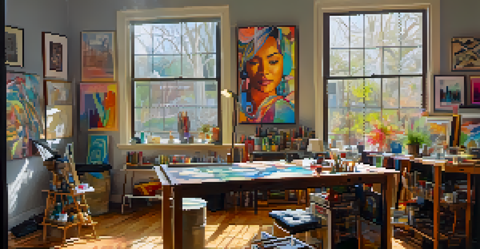 An artist's studio during the East Austin Studio Tour, featuring colorful paintings and sculptures with sunlight streaming through the windows.